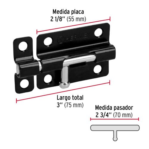 436941 43694 - Pasador de barril 3" de acero acabado negro, HERMEX