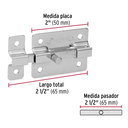 437132 43713 - Pasador de barra plana 2" acabado cromo, HERMEX