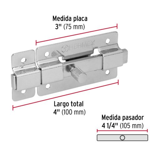 43714 - Pasador de barra plana 3" acabado cromo, HERMEX