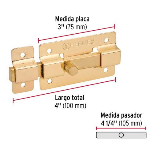 437252 43725 - Pasador de barra plana 3" acabado latón, HERMEX