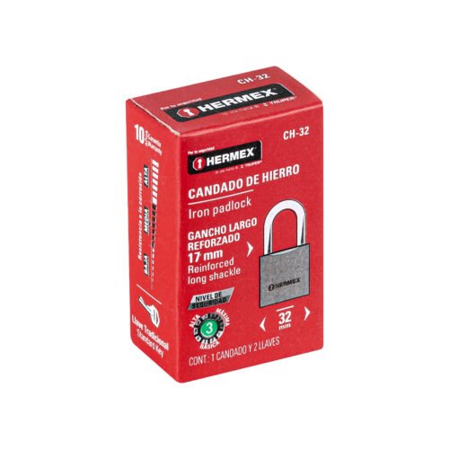 43791 - Candado de hierro 32 mm gancho corto en caja, HERMEX