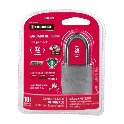 43794 - Candado de hierro 32 mm gancho largo en blíster, HERMEX