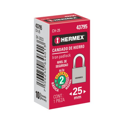 43795 - Candado de hierro 25 mm gancho corto en caja, HERMEX