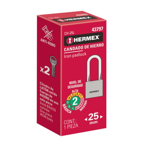 437975 43797 - Candado de hierro 25 mm gancho largo en caja, HERMEX