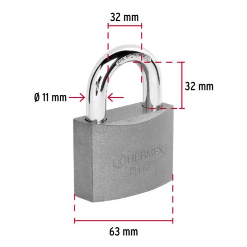 438013 43801 - Candado de hierro 63 mm gancho corto en caja, HERMEX