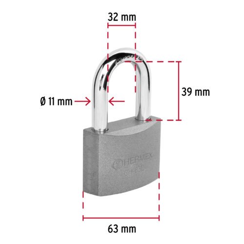 438023 43802 - Candado de hierro 63 mm gancho largo en caja, HERMEX