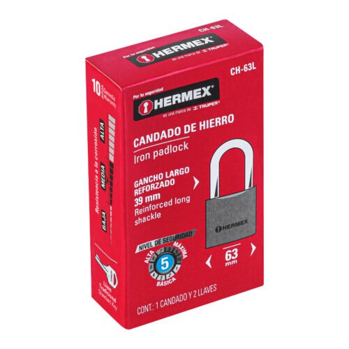 438025 43802 - Candado de hierro 63 mm gancho largo en caja, HERMEX