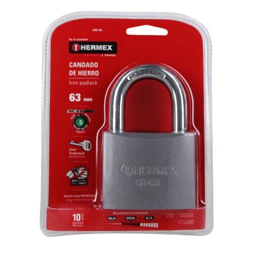 438045 43804 - Candado de hierro 63 mm gancho largo en blíster, HERMEX
