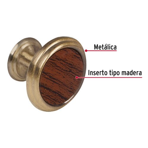 43813 - Perilla metálica, latón antiguo, inserto madera, HERMEX