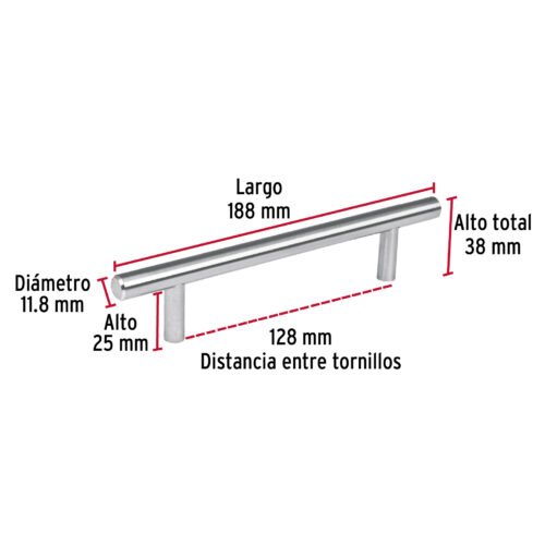438272 43827 - Jaladera de acero, 128mm, línea Cilindro, níquel, HERMEX