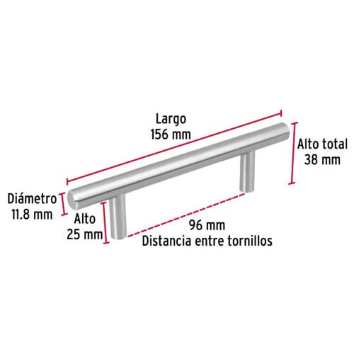 43828 - Jaladera de acero, 96mm, línea Cilindro, níquel, HERMEX