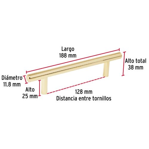 43829 - Jaladera de acero, 128mm, línea Cilindro, latón brillante