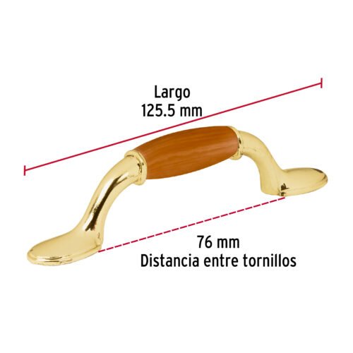 43832 - Jaladera metálica, 76mm latón brillante, inserto tipo madera