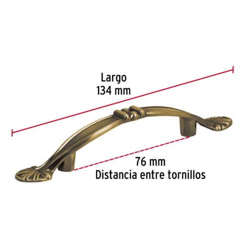 43835 - Jaladera metálica de 76 mm estilo "Barroco", latón antiguo