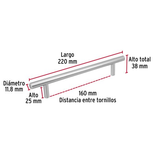 43870 - Jaladera de acero, 160mm, línea Cilindro, níquel, HERMEX