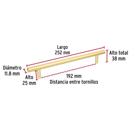 43873 - Jaladera de acero, 192mm, línea Cilindro, latón brillante