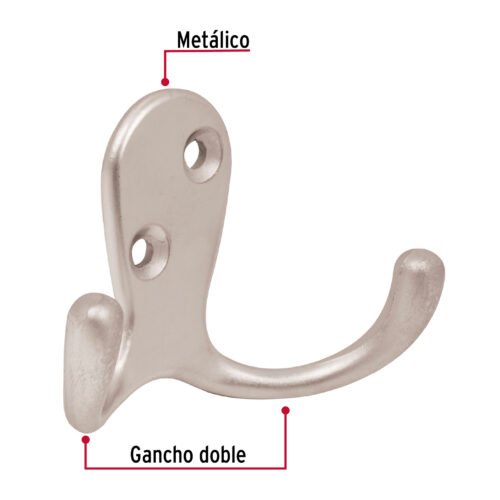 43911 - Gancho doble tipo perchero, niquel satinado, HERMEX