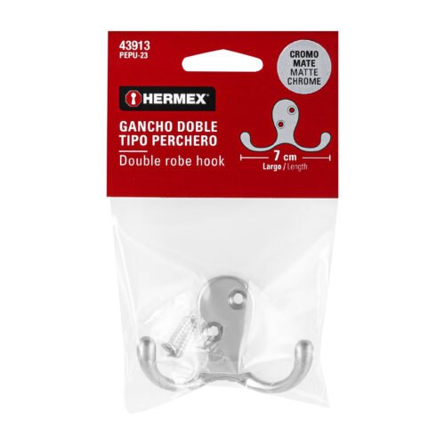 43913 - Gancho doble tipo perchero, cromo mate, HERMEX