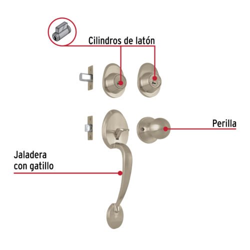44042 - Jaladera, perilla y cerrojo llave-llave "Lugo", níquel sat.
