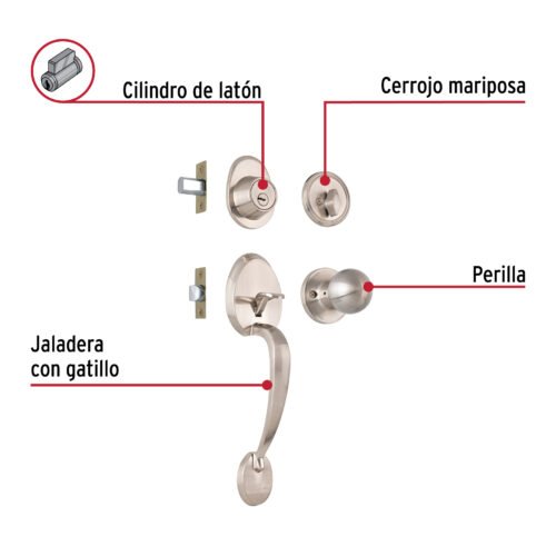44044 - Jaladera, perilla y cerrojo llave-mariposa "Lugo", níquel