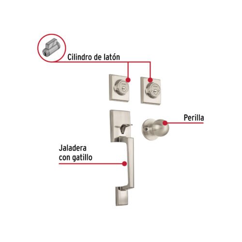 44050 - Jaladera, perilla y cerrojo llave-llave "Porto", níquel sat.