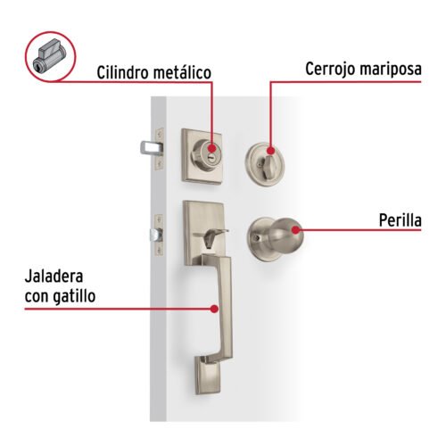 44051 - Jaladera, perilla y cerrojo llave-mariposa "Porto", níquel