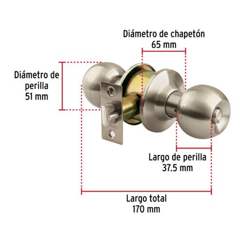 44065 - Cerradura tipo esfera para baño, níquel satín, HERMEX