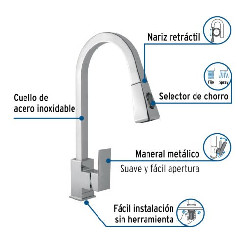 44074 - Monomando nariz retráctil para fregadero,cromo, FOSET KUBO