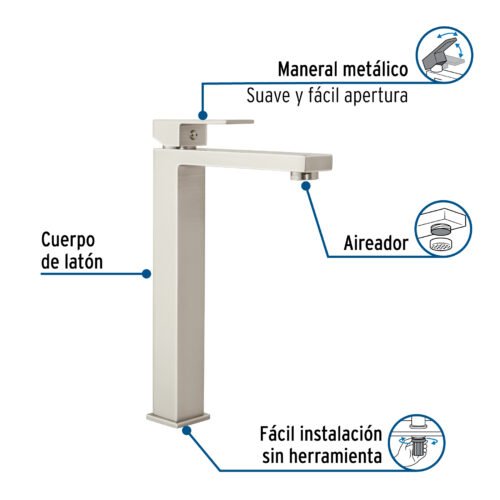 44204 - Monomando alto para lavabo, satín, FOSET KUBO