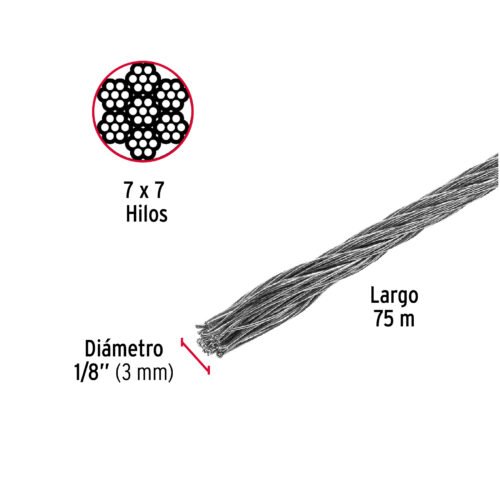 44205 44205 - Metro de cable rígido 1/8" de acero 7x7 hilos, 75 m, FIERO