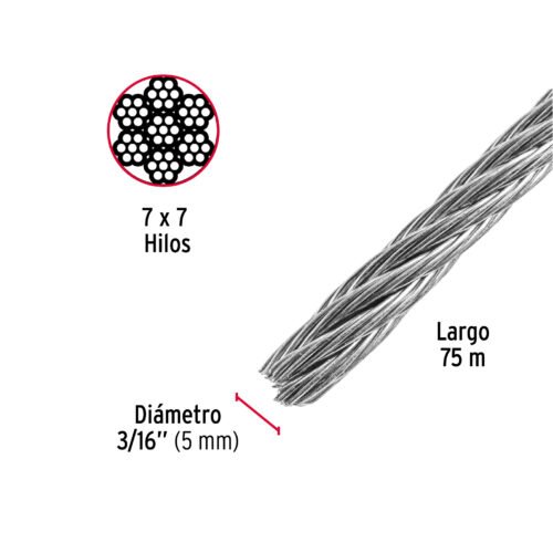 44206 - Metro de cable rígido 3/16" de acero 7x7 hilos, 75 m, FIERO