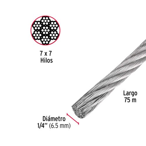 442072 44207 - Metro de cable rígido 1/4" de acero 7x7 hilos, 75 m, FIERO