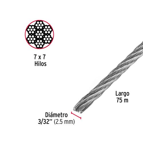 44209 - Metro de cable rígido 3/32" de acero 7x7 hilos, 75 m, FIERO