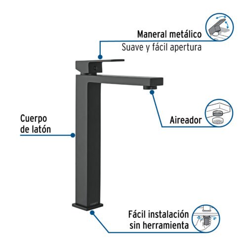 44210 - Monomando alto para lavabo, negro, FOSET KUBO