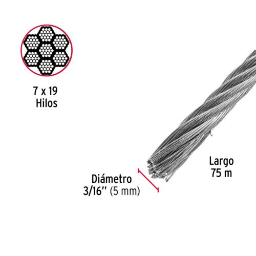 442122 44212 - Metro de cable flexible 3/16" de acero 7x19 hilos, 75 m