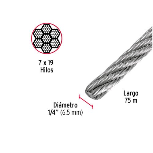 442132 44213 - Metro de cable flexible 1/4" de acero 7x19 hilos, 75 m