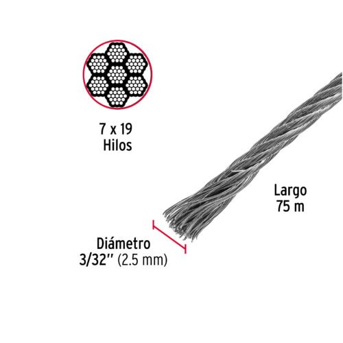 44214 - Metro de cable flexible 3/32" de acero 7x19 hilos, 75 m