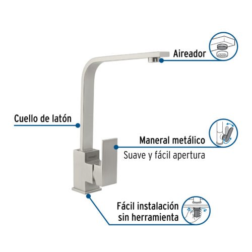 442151 44215 - Monomando cuello alto para fregadero, satín, FOSET KUBO