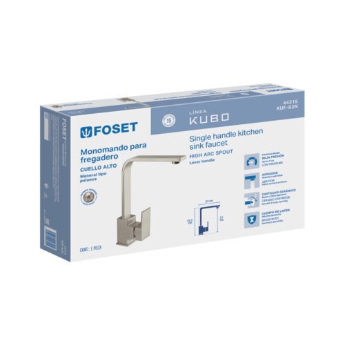 442153 44215 - Monomando cuello alto para fregadero, satín, FOSET KUBO