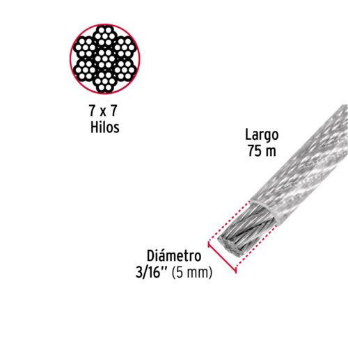 44217 - Metro de cable rígido 3/16" acero 7x7 recubierto PVC, 75 m