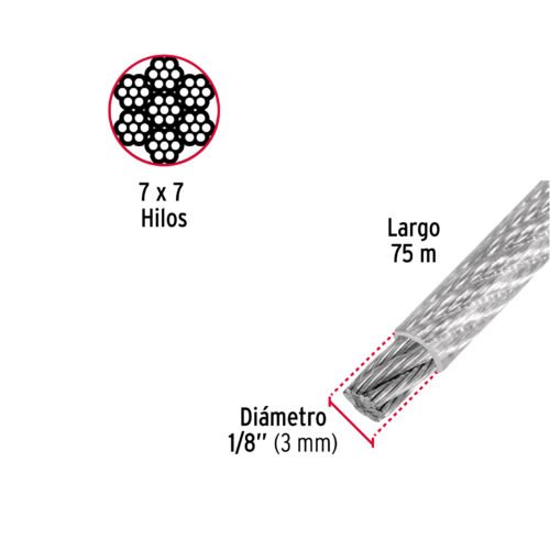 44219 - Metro de cable rígido 1/8" acero 7x7 recubierto PVC, 75 m