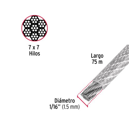 44220 - Metro de cable rígido 1/16" acero 7x7 recubierto PVC, 75 m