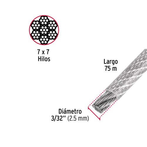 44221 - Metro de cable rígido 3/32" acero 7x7 recubierto PVC, 75 m
