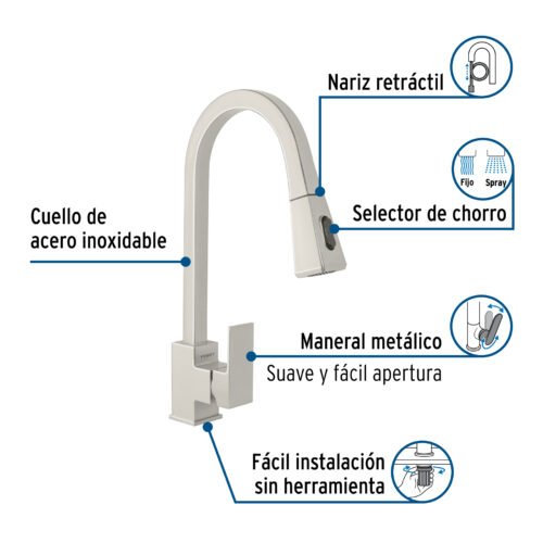 442221 44222 - Monomando nariz retráctil para fregadero,satín, FOSET KUBO