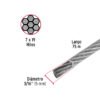 44223 - Metro cable flexible 3/16" acero 7x19 recubierto PVC, 75 m
