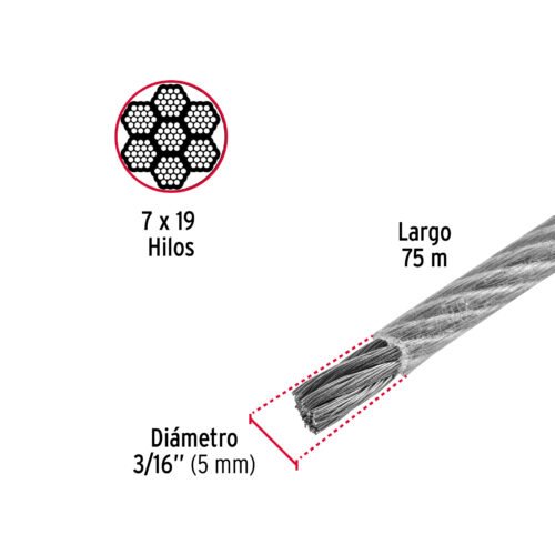 44223 - Metro cable flexible 3/16" acero 7x19 recubierto PVC, 75 m