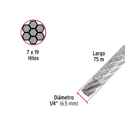 44224 - Metro cable flexible 1/4" acero 7x19 recubierto PVC, 75 m