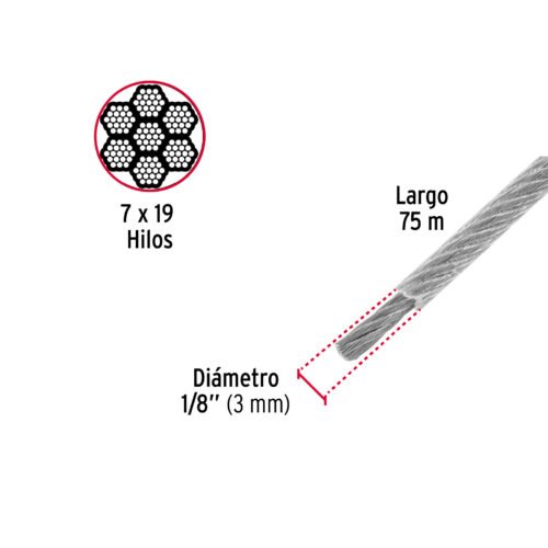 44225 - Metro cable flexible 1/8" acero 7x19 recubierto PVC, 75 m