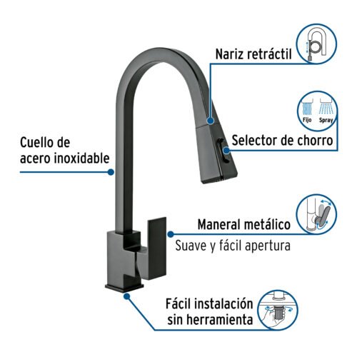 44227 - Monomando nariz retráctil para fregadero,negro, FOSET KUBO