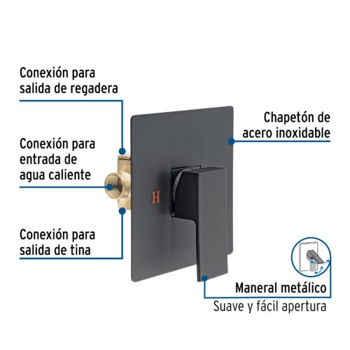 44267 - Monomando para regadera sin desviador, negro, FOSET KUBO